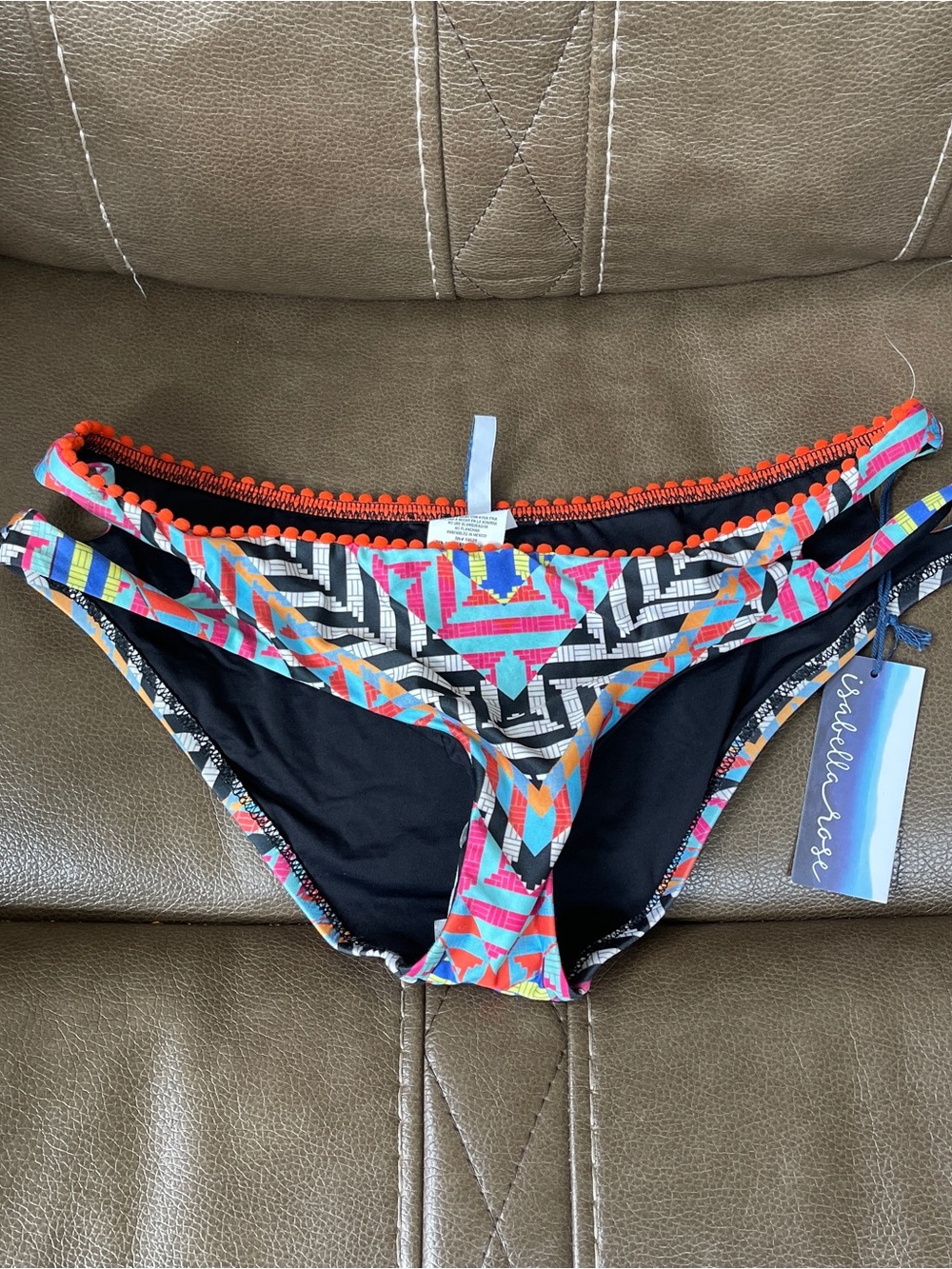 Isabella Rose Geometric Print Bikini Bottoms with Orange Trim Sz L